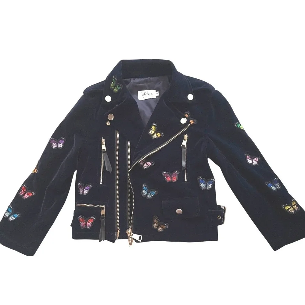 Lola + The Boys Navy Velvet Butterfly Moto Jacket‎ - Kids Size 4